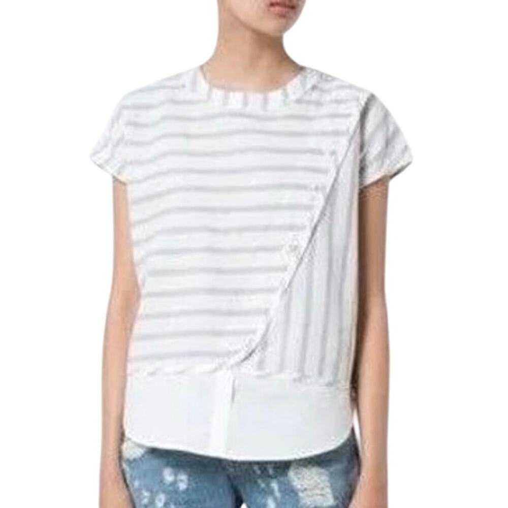 Derek Lam 10 Crosby S Boxy Crossover Top Gray White Short Sleeve Breathable